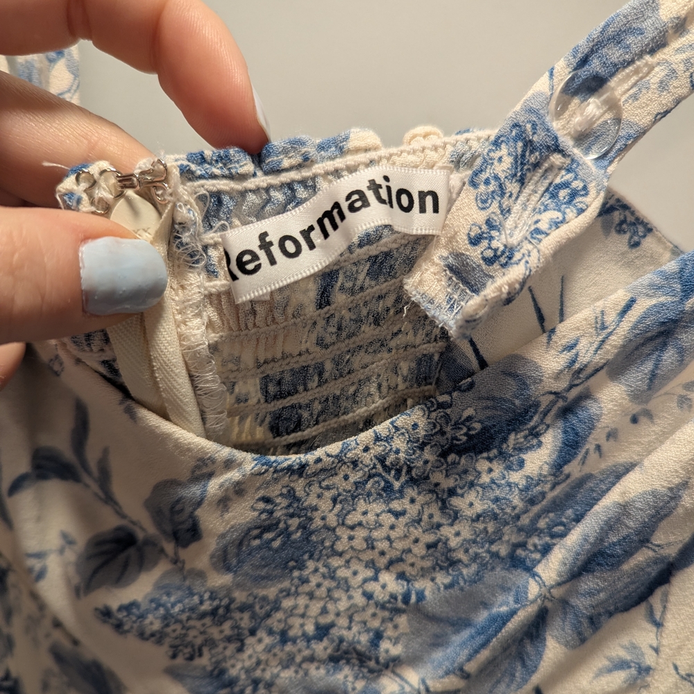 Reformation Celestia Cream and Blue Floral Midi Dress Pompadour Print Size 8 - Picture 4 of 7
